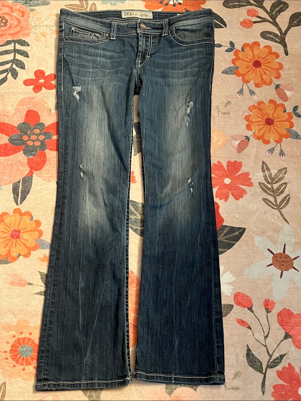 BKE Women's Dark Blue Boot Cut Jeans with Light Distressing